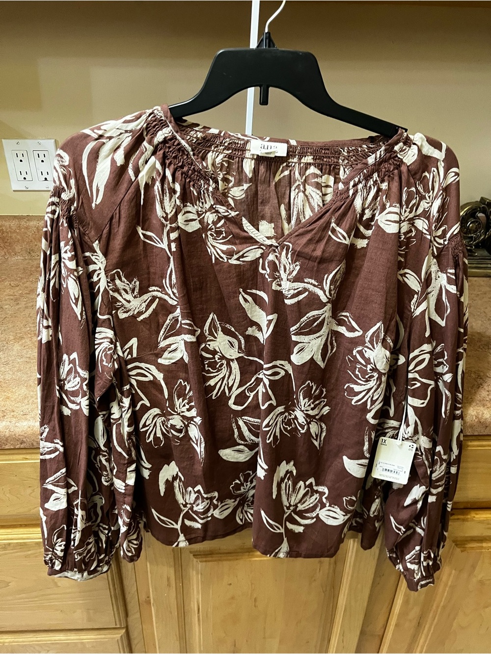 Ana Women’s Brown Floral Peasant Blouse - Lightweight Long Sleeve